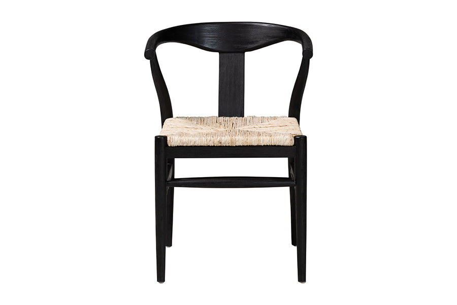 bali & pari Fika Wishbone Dining Chair with Handwoven Seagrass Seat - Mahogany Wood Frame Armchair for Modern Coastal Dining Rooms, Black