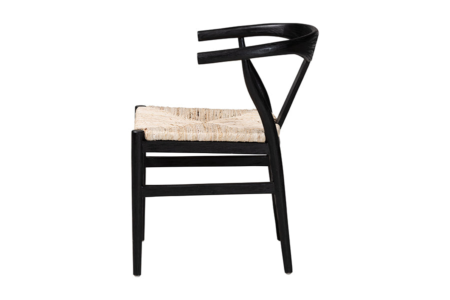 bali & pari Fika Wishbone Dining Chair with Handwoven Seagrass Seat - Mahogany Wood Frame Armchair for Modern Coastal Dining Rooms, Black