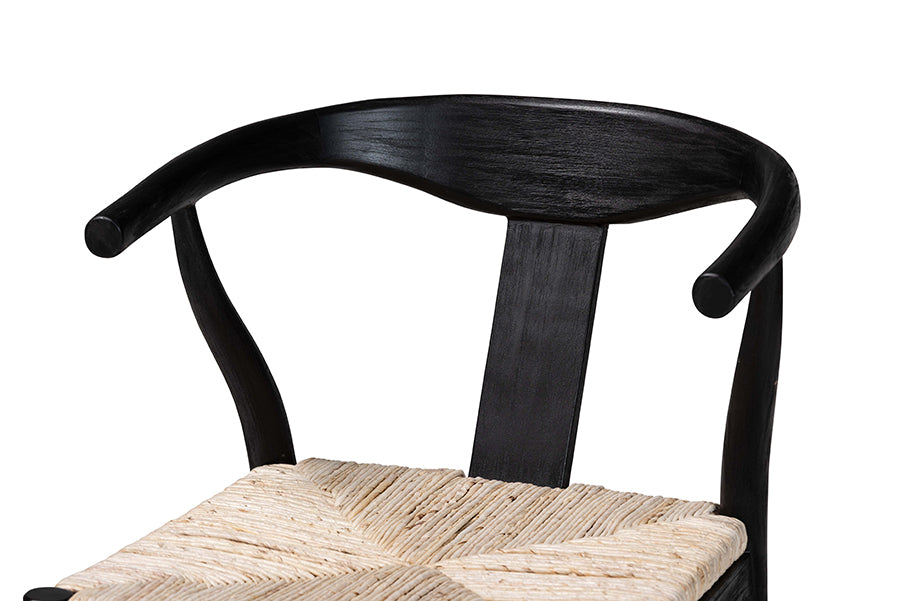 bali & pari Fika Wishbone Dining Chair with Handwoven Seagrass Seat - Mahogany Wood Frame Armchair for Modern Coastal Dining Rooms, Black