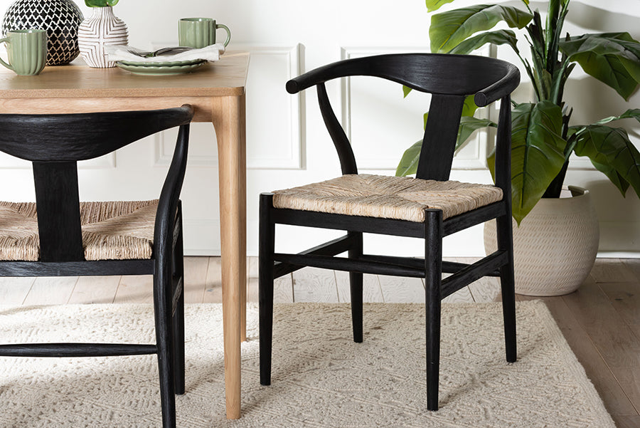 bali & pari Fika Wishbone Dining Chair with Handwoven Seagrass Seat - Mahogany Wood Frame Armchair for Modern Coastal Dining Rooms, Black