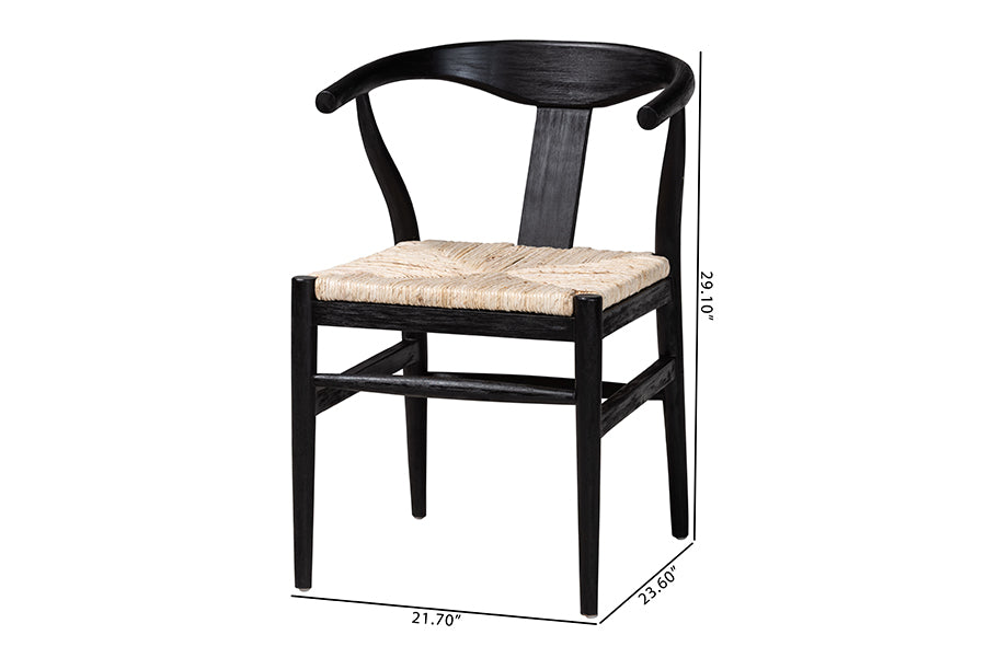 bali & pari Fika Wishbone Dining Chair with Handwoven Seagrass Seat - Mahogany Wood Frame Armchair for Modern Coastal Dining Rooms, Black