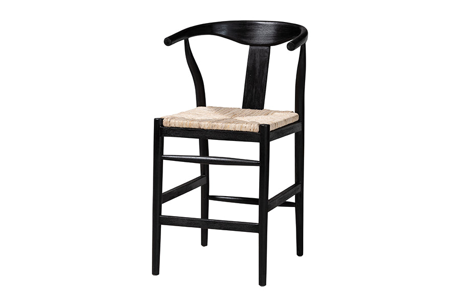 bali & pari Fika Wishbone Counter Stool with Handwoven Seagrass Seat - Mahogany Wood Frame Counter Height Seating for Kitchen Island or Dining Area, Black