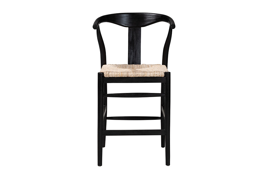 bali & pari Fika Wishbone Counter Stool with Handwoven Seagrass Seat - Mahogany Wood Frame Counter Height Seating for Kitchen Island or Dining Area, Black