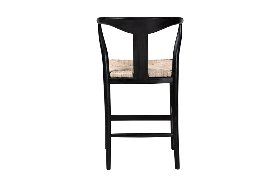 bali & pari Fika Wishbone Counter Stool with Handwoven Seagrass Seat - Mahogany Wood Frame Counter Height Seating for Kitchen Island or Dining Area, Black