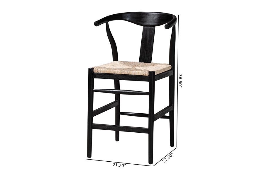 bali & pari Fika Wishbone Counter Stool with Handwoven Seagrass Seat - Mahogany Wood Frame Counter Height Seating for Kitchen Island or Dining Area, Black