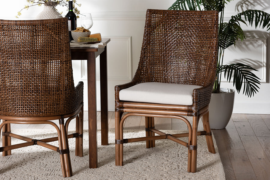 bali & pari Bella Rattan Dining Chair with Cushion - Handwoven Wicker Accent Side Chair with High Backrest, Coastal Boho Seating for Kitchen or Dining Area, Coffee Bean