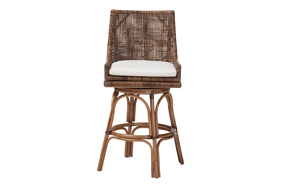 bali & pari Bella Swivel Rattan Bar Stool with Cushion - Handwoven Wicker Bar Chair with Backrest and Footrest, Coffee Bean