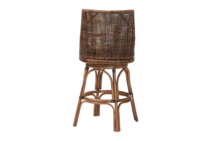 bali & pari Bella Swivel Rattan Bar Stool with Cushion - Handwoven Wicker Bar Chair with Backrest and Footrest, Coffee Bean