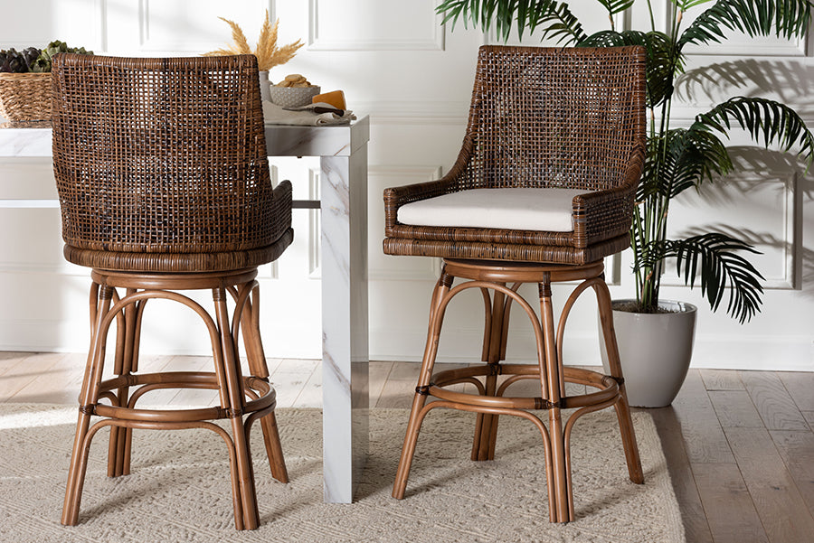 bali & pari Bella Swivel Rattan Bar Stool with Cushion - Handwoven Wicker Bar Chair with Backrest and Footrest, Coffee Bean