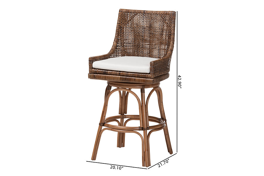 bali & pari Bella Swivel Rattan Bar Stool with Cushion - Handwoven Wicker Bar Chair with Backrest and Footrest, Coffee Bean