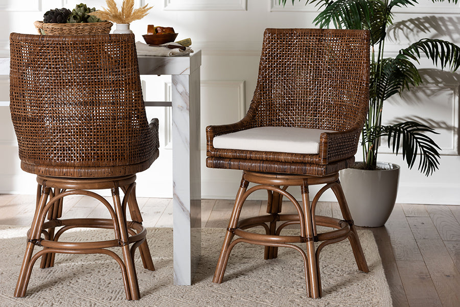 bali & pari Bella Swivel Rattan Counter Stool with Cushion - Handwoven Wicker Kitchen Island Seating with Backrest and Footrest, Coffee Bean