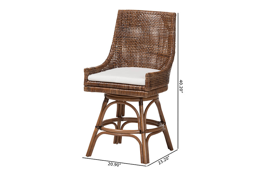 bali & pari Bella Swivel Rattan Counter Stool with Cushion - Handwoven Wicker Kitchen Island Seating with Backrest and Footrest, Coffee Bean