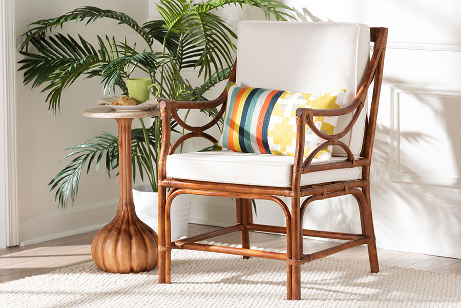 bali & pari Cleantha Marbled Tortoise Natural Rattan Armchair - Handcrafted Wicker Accent Chair with Curved Armrests and Cushioned Seat for Coastal Living Room or Sun Room