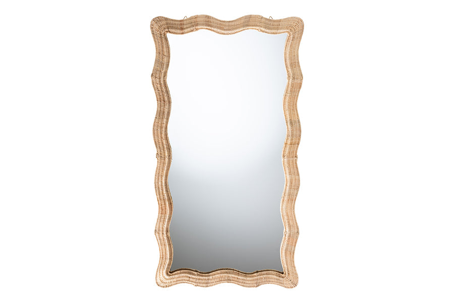 bali & pari Hasana Natural Rattan Floor Mirror - Scalloped Frame Full Length Accent Mirror for Bedroom or Entryway