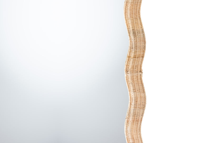 bali & pari Hasana Natural Rattan Floor Mirror - Scalloped Frame Full Length Accent Mirror for Bedroom or Entryway