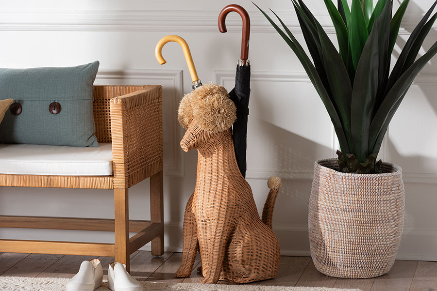 bali & pari Persis Natural Rattan Poodle Umbrella Holder - Handwoven Wicker Storage Solution