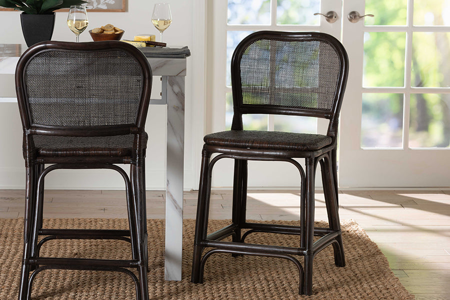 bali & pari Irene Natural Rattan Counter Stool - Handwoven Wicker Accent Stool with Lattice Backrest for Kitchen Island Seating