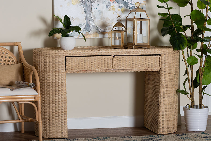 bali & pari Mimi Natural Rattan Checkered Console Table with Drawer