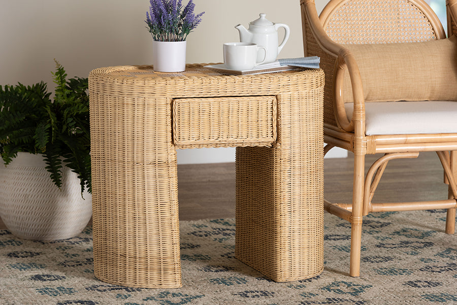 bali & pari Mimi Natural Rattan Checkered End Table with Drawer