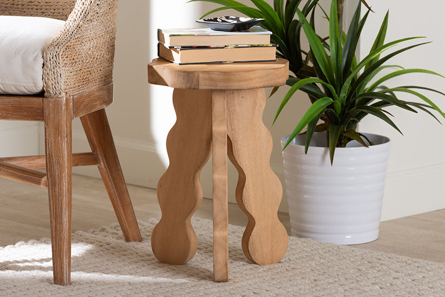 bali & pari Sino Acacia Wood Multipurpose Accent Stool - Sculptural End Table with Wavy Tripod Base for Living Room, Bedroom or Dining Room