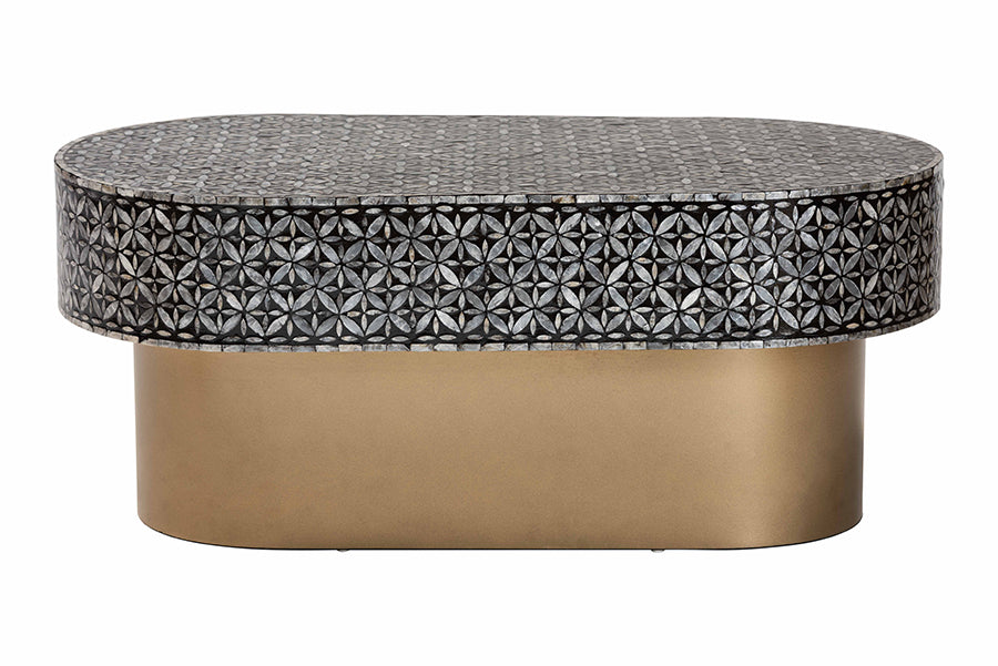 bali & pari Emery Capiz Shell Coffee Table - Mother of Pearl Oval Accent Table with Geometric Pattern and Pedestal Base for Living Room or Lounge Space