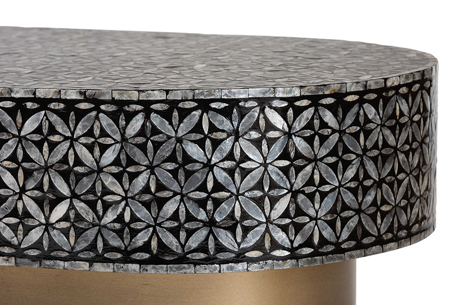 bali & pari Emery Capiz Shell Coffee Table - Mother of Pearl Oval Accent Table with Geometric Pattern and Pedestal Base for Living Room or Lounge Space