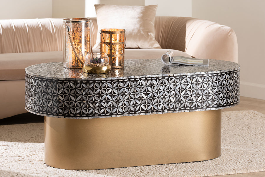 bali & pari Emery Capiz Shell Coffee Table - Mother of Pearl Oval Accent Table with Geometric Pattern and Pedestal Base for Living Room or Lounge Space