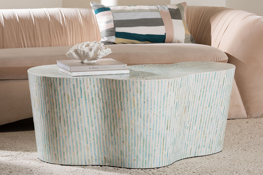 bali & pari Fiorella Capiz Shell Coffee Table - Mother of Pearl Irregular Shape Accent Table with Textured Inlay Surface for Living Room or Lounge Space