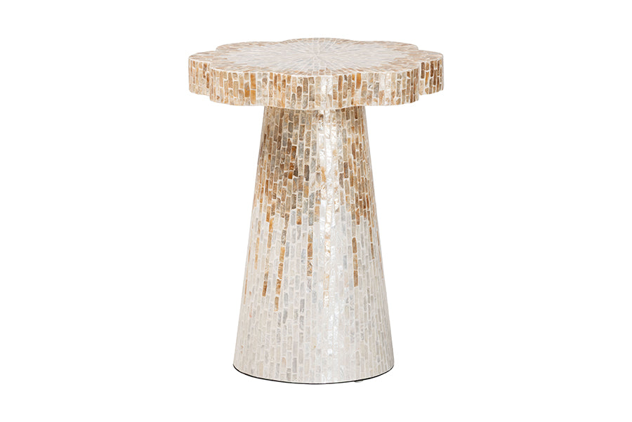bali & pari Beile Capiz Shell Pedestal End Table - Mother of Pearl Scalloped Accent Table with Textured Inlay Surface for Living Room or Lounge Space