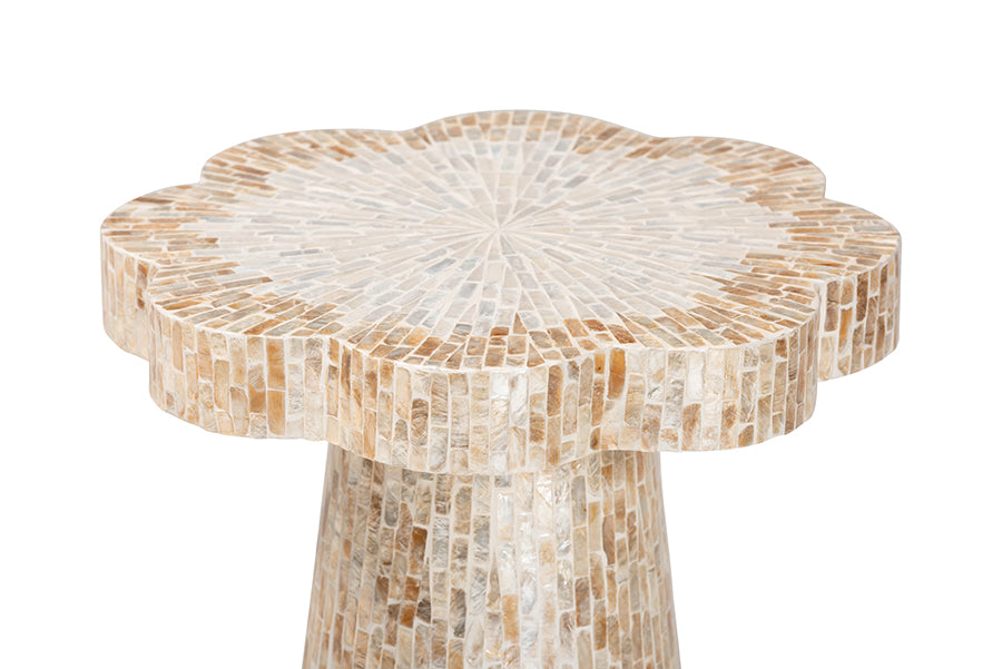 bali & pari Beile Capiz Shell Pedestal End Table - Mother of Pearl Scalloped Accent Table with Textured Inlay Surface for Living Room or Lounge Space