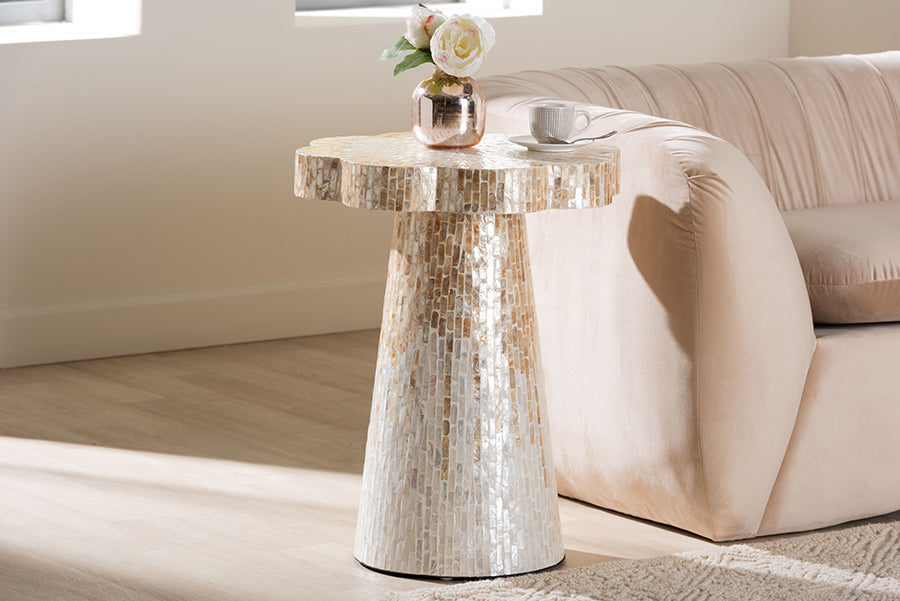 bali & pari Beile Capiz Shell Pedestal End Table - Mother of Pearl Scalloped Accent Table with Textured Inlay Surface for Living Room or Lounge Space