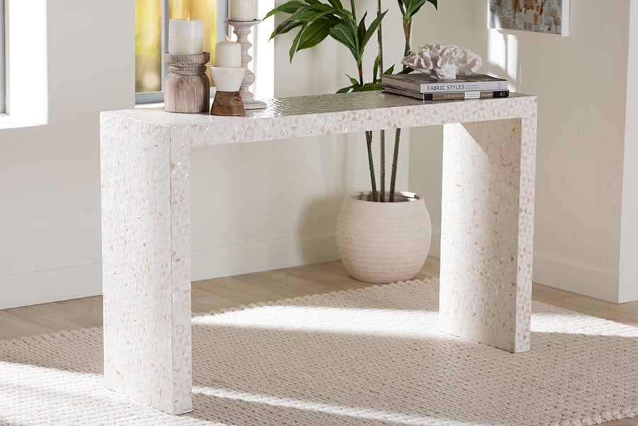 bali & pari Magara Capiz Shell Console Table - Mother of Pearl Waterfall Accent Table with Textured Inlay Surface for Living Room, Hallway or Entryway