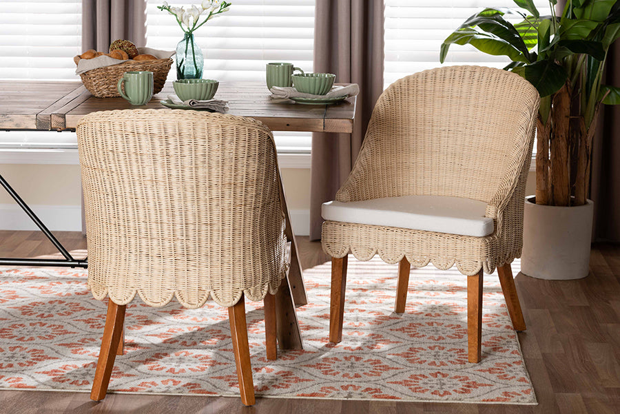 bali & pari Mabel Natural Rattan 2-Piece Dining Chair Set - Handwoven Wicker Accent Chair with Wingback Frame and Seat Cushion for Kitchen or Dining Room