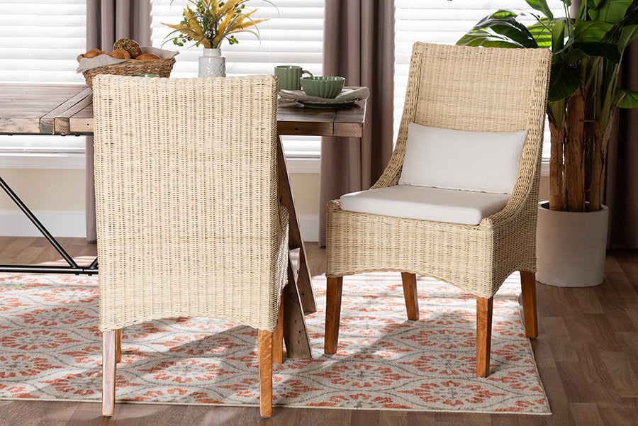 bali & pari Haybourne Natural Rattan 2-Piece Dining Chair Set - Handwoven Wicker Accent Seating with Wingback Frame for Kitchen or Dining Room