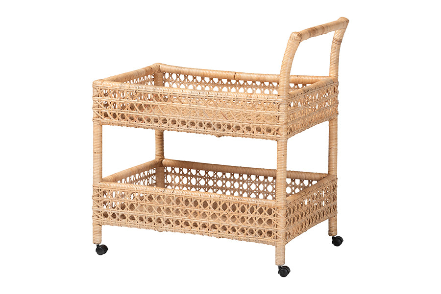 bali & pari Alaina Natural Rattan Kitchen Cart - 2-Tier Handwoven Wicker Storage Trolley with Handle for Kitchen or Lounge