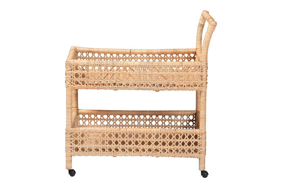 bali & pari Alaina Natural Rattan Kitchen Cart - 2-Tier Handwoven Wicker Storage Trolley with Handle for Kitchen or Lounge