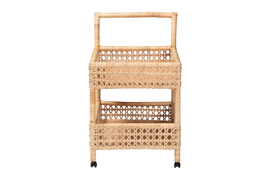 bali & pari Alaina Natural Rattan Kitchen Cart - 2-Tier Handwoven Wicker Storage Trolley with Handle for Kitchen or Lounge