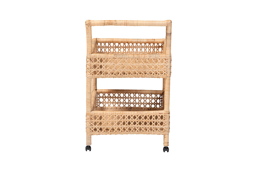 bali & pari Alaina Natural Rattan Kitchen Cart - 2-Tier Handwoven Wicker Storage Trolley with Handle for Kitchen or Lounge