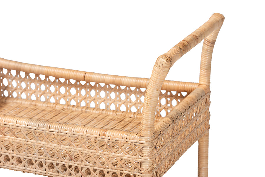 bali & pari Alaina Natural Rattan Kitchen Cart - 2-Tier Handwoven Wicker Storage Trolley with Handle for Kitchen or Lounge