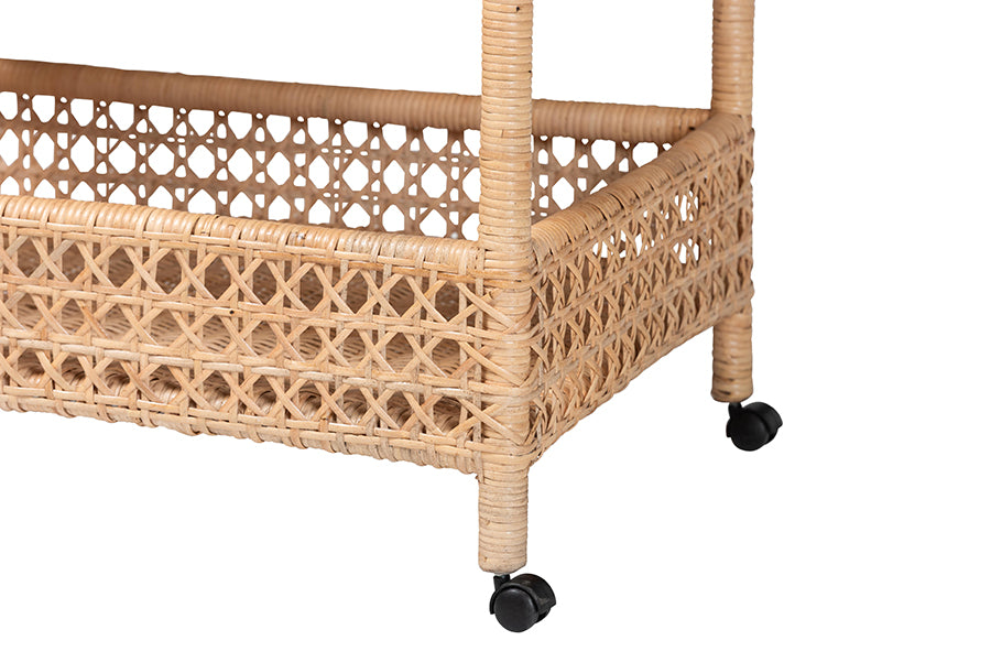 bali & pari Alaina Natural Rattan Kitchen Cart - 2-Tier Handwoven Wicker Storage Trolley with Handle for Kitchen or Lounge