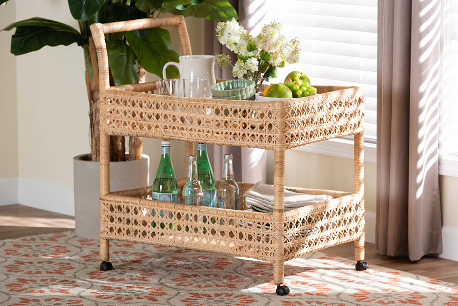 bali & pari Alaina Natural Rattan Kitchen Cart - 2-Tier Handwoven Wicker Storage Trolley with Handle for Kitchen or Lounge