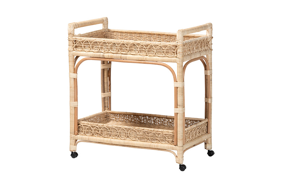 bali & pari Carole Natural Rattan Kitchen Cart - 2-Tier Handwoven Wicker Storage Trolley with Raised Borders for Kitchen or Lounge