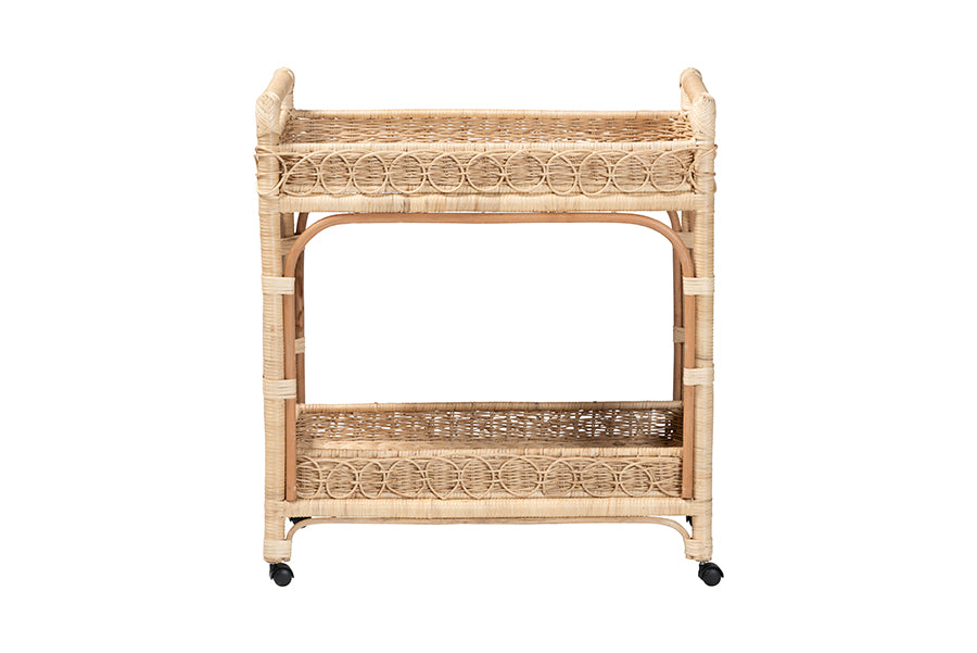 bali & pari Carole Natural Rattan Kitchen Cart - 2-Tier Handwoven Wicker Storage Trolley with Raised Borders for Kitchen or Lounge