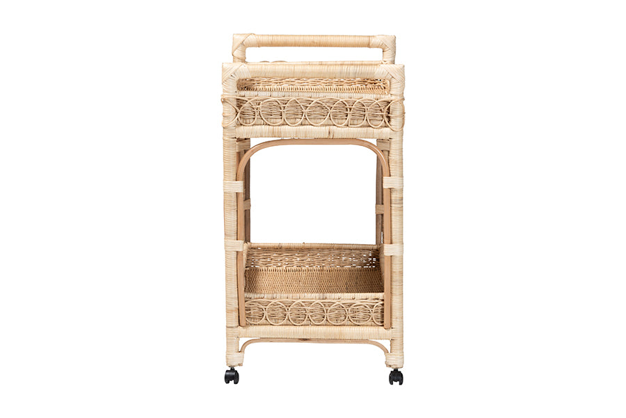 bali & pari Carole Natural Rattan Kitchen Cart - 2-Tier Handwoven Wicker Storage Trolley with Raised Borders for Kitchen or Lounge