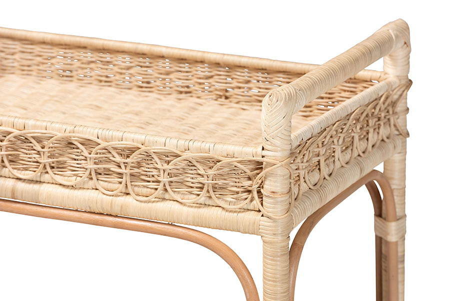 bali & pari Carole Natural Rattan Kitchen Cart - 2-Tier Handwoven Wicker Storage Trolley with Raised Borders for Kitchen or Lounge