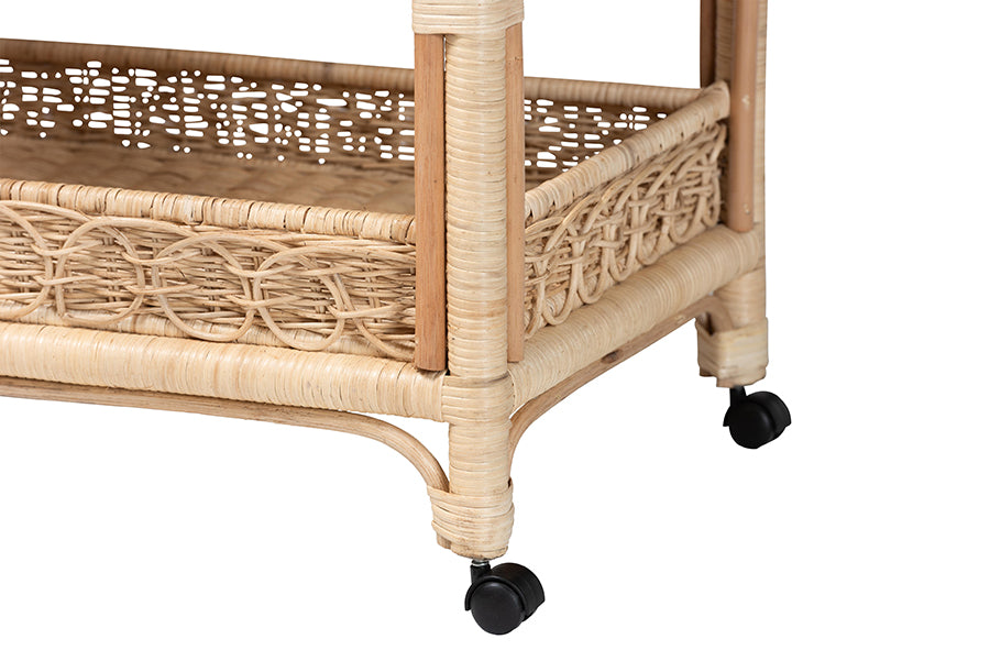 bali & pari Carole Natural Rattan Kitchen Cart - 2-Tier Handwoven Wicker Storage Trolley with Raised Borders for Kitchen or Lounge