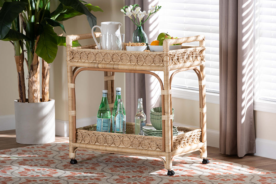 bali & pari Carole Natural Rattan Kitchen Cart - 2-Tier Handwoven Wicker Storage Trolley with Raised Borders for Kitchen or Lounge