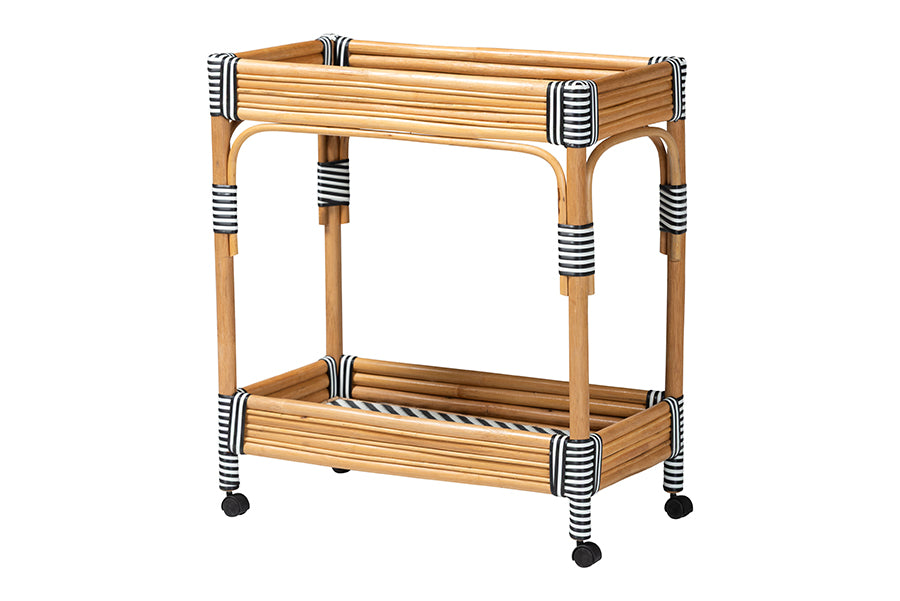 bali & pari Carmine Natural Rattan Kitchen Cart - 2-Tier Handwoven Wicker Storage Trolley with Raised Borders for Kitchen or Lounge