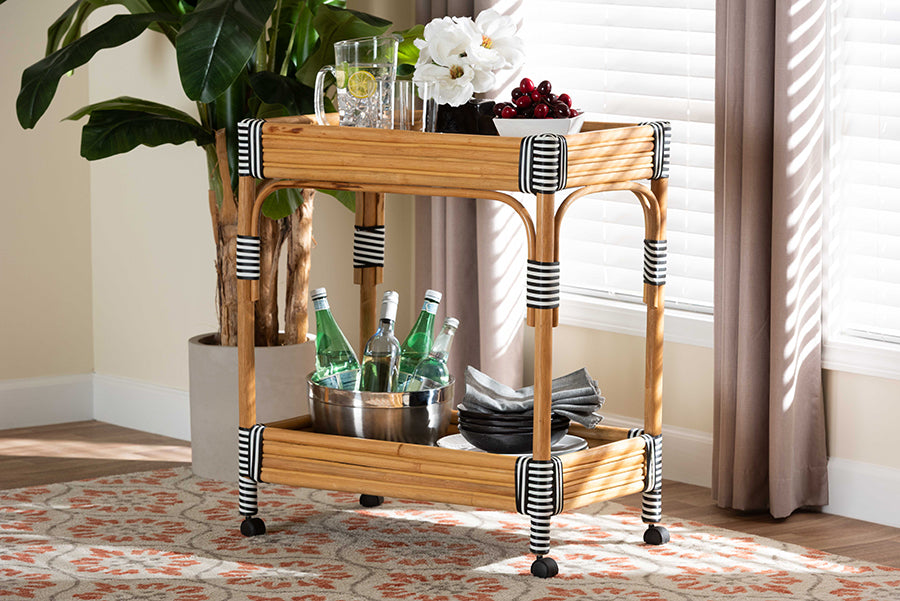 bali & pari Carmine Natural Rattan Kitchen Cart - 2-Tier Handwoven Wicker Storage Trolley with Raised Borders for Kitchen or Lounge