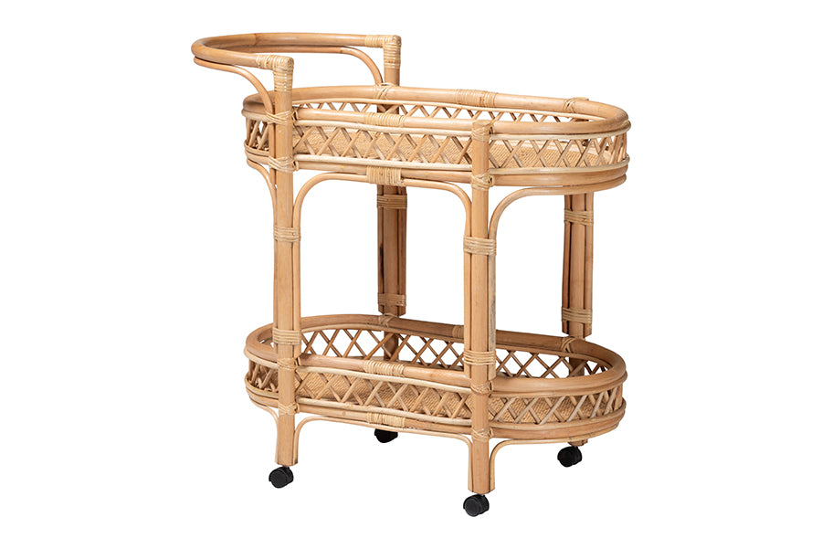 bali & pari Raul Natural Rattan Kitchen Cart - 2-Tier Handwoven Wicker Storage Trolley with Handle for Kitchen or Lounge